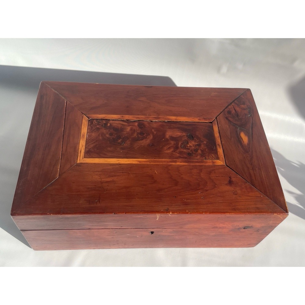 ANTIQUE SHAKER MIXED WOODS INLAID SEWING BOX W/ Org Letter Written On Back!